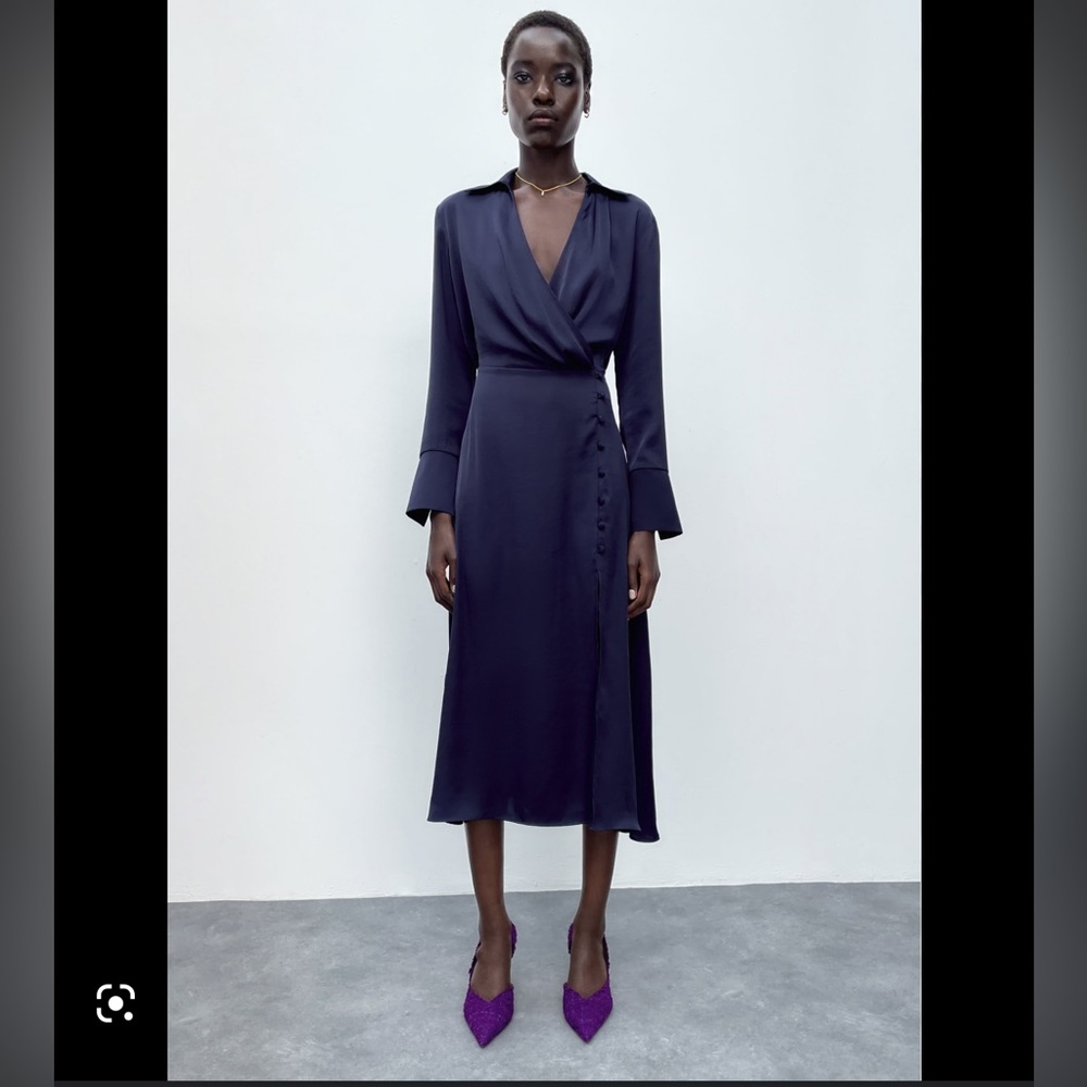 NWT Zara Satin Effect Folks Wrapped Midi Dress With Slit | Midnight Navy blue; L
